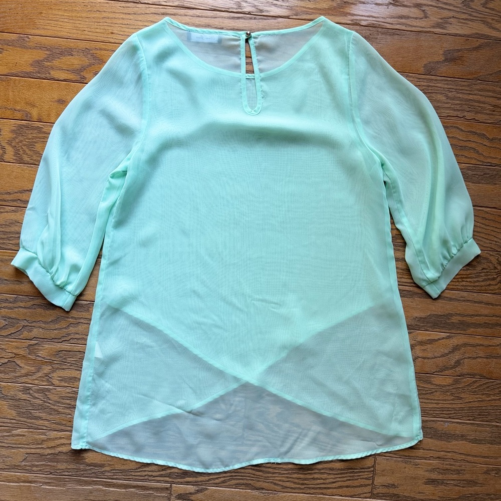 Anna Grace Mint Green Sheer Blouse with Layered Hem - Size L - Picture 2 of 4